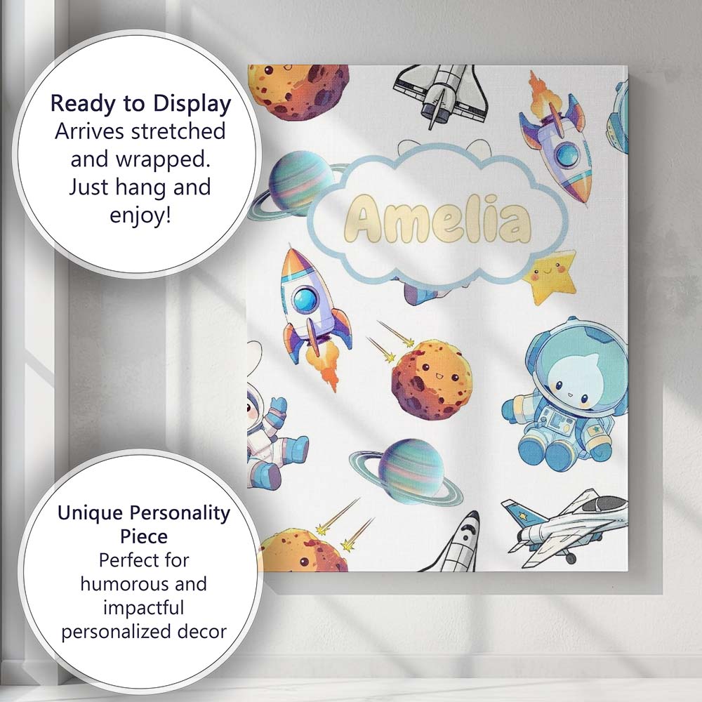 Personalised Name Bunny Astronaut Cat Space Custom  Bespoke Interior Contemporary Canvas Wall Art Print Decor Picture Ready to Hang