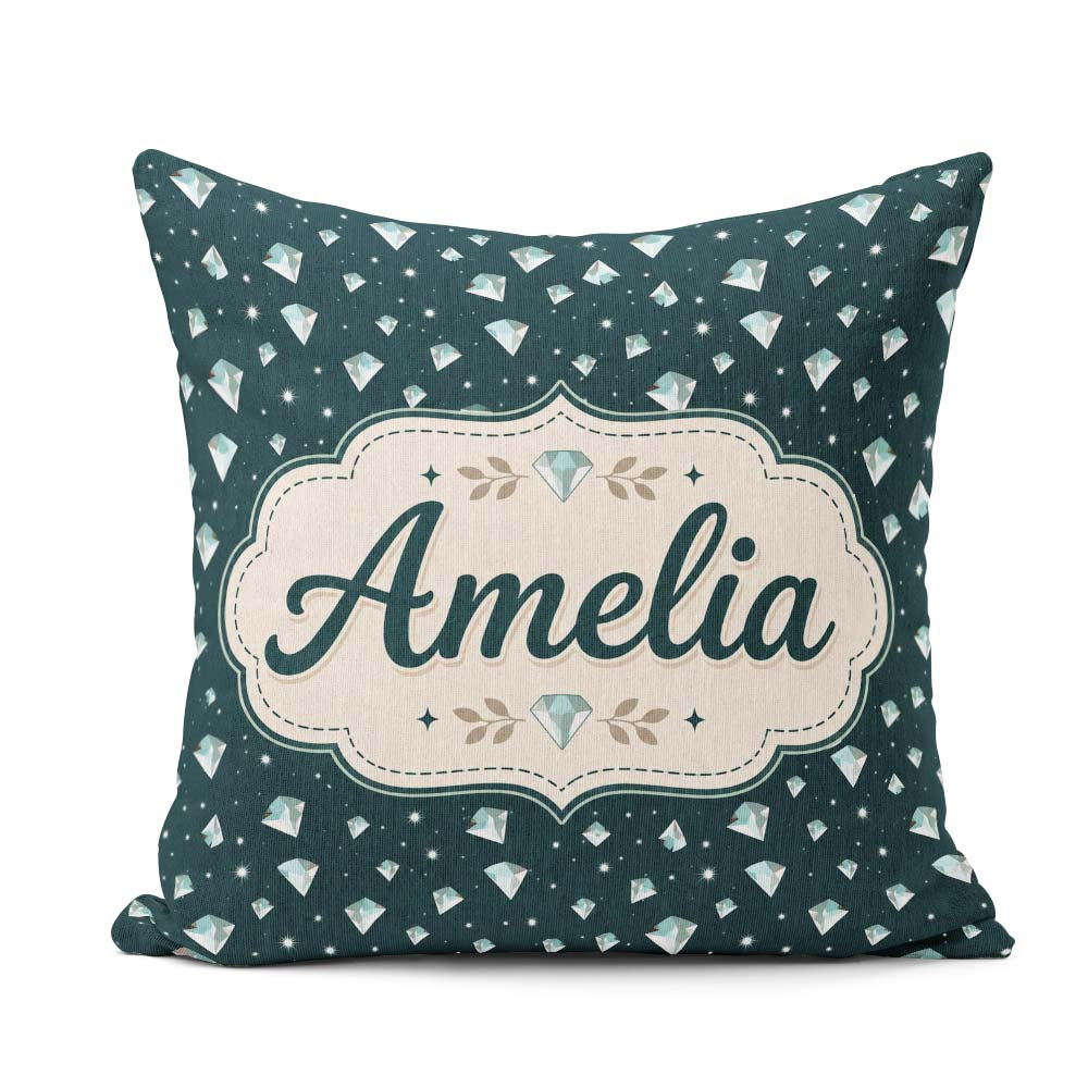 Custom Name Crystal Diamond Starry Seamless Pattern on Dark Teal Square Filled Cushion Throw Pillow Sofa Bed Home Decor Zip Washable UK Made