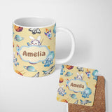 Personalized Custom Name Bunny Astronaut Cat Space Rockets Planets Stars Seamless Beige 11oz Ceramic Coffee Tea Mug White Large Handle
