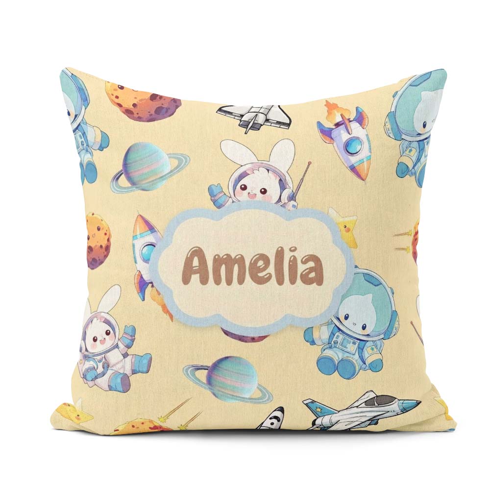 Custom Name Bunny Cat Space Rockets Planets Stars Seamless Beige Square Filled Cushion Throw Pillow Sofa Bed Home Decor Zip Washable UK Made