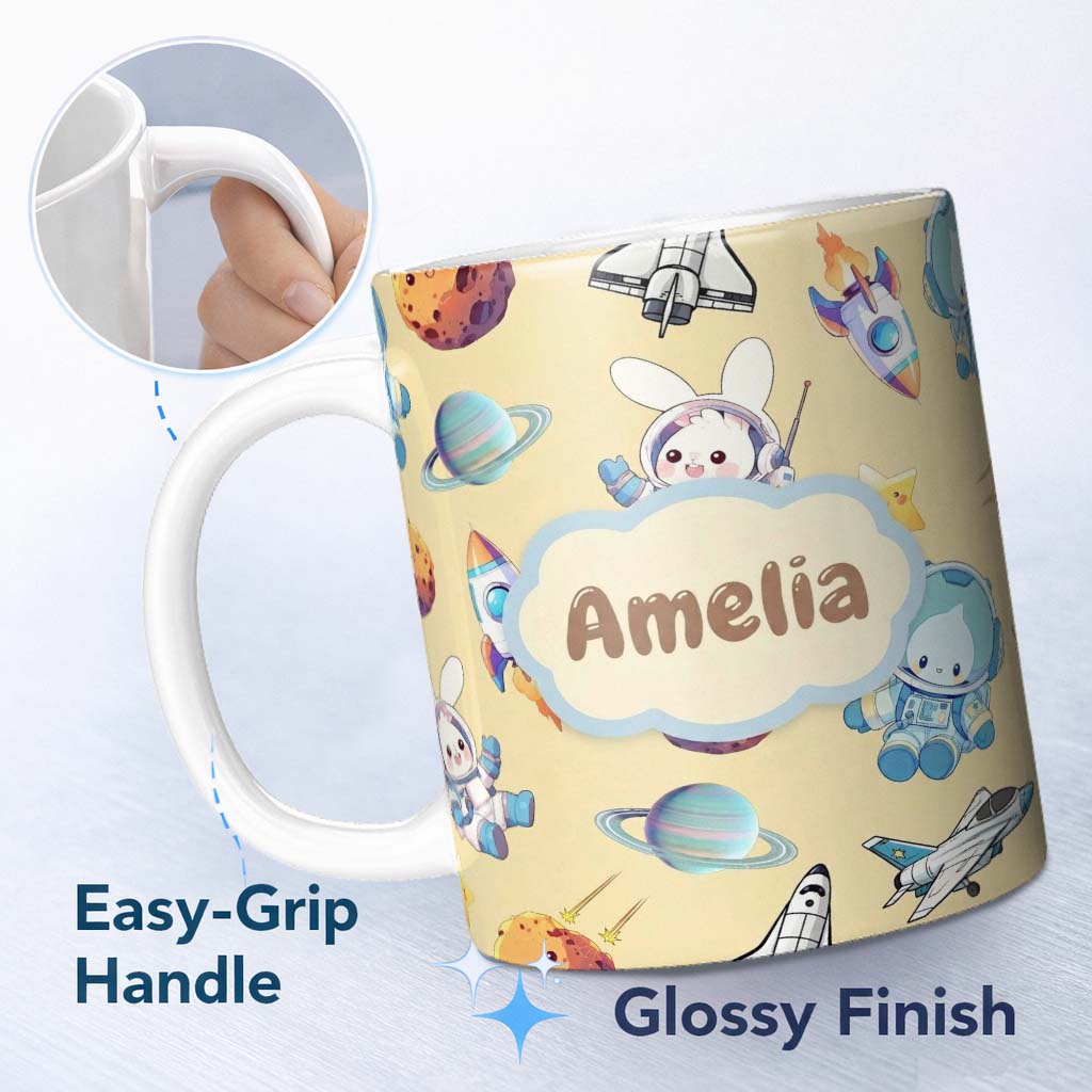 Personalized Custom Name Bunny Astronaut Cat Space Rockets Planets Stars Seamless Beige 11oz Ceramic Coffee Tea Mug White Large Handle