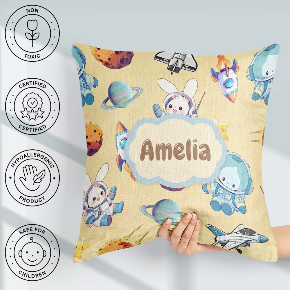 Custom Name Bunny Cat Space Rockets Planets Stars Seamless Beige Square Filled Cushion Throw Pillow Sofa Bed Home Decor Zip Washable UK Made