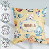 Custom Name Bunny Cat Space Rockets Planets Stars Seamless Beige Square Filled Cushion Throw Pillow Sofa Bed Home Decor Zip Washable UK Made