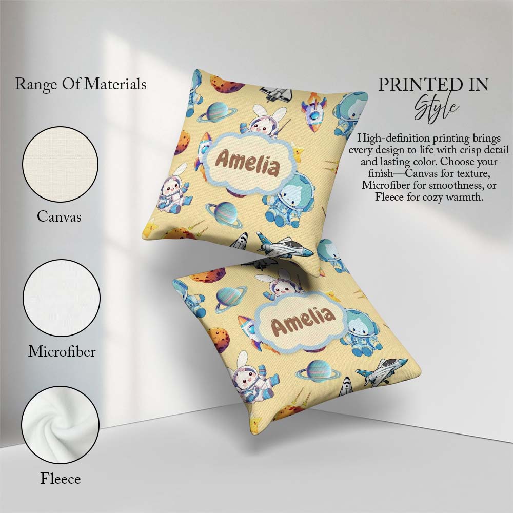 Custom Name Bunny Cat Space Rockets Planets Stars Seamless Beige Square Filled Cushion Throw Pillow Sofa Bed Home Decor Zip Washable UK Made