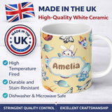 Personalized Custom Name Bunny Astronaut Cat Space Rockets Planets Stars Seamless Beige 11oz Ceramic Coffee Tea Mug White Large Handle