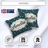 Custom Name Crystal Diamond Starry Seamless Pattern on Dark Teal Square Filled Cushion Throw Pillow Sofa Bed Home Decor Zip Washable UK Made