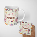 Personalized Custom Name Cat Astronaut Girl Rockets Stars Space Seamless Cream Background 11oz Ceramic Coffee Tea Mug White Large Handle
