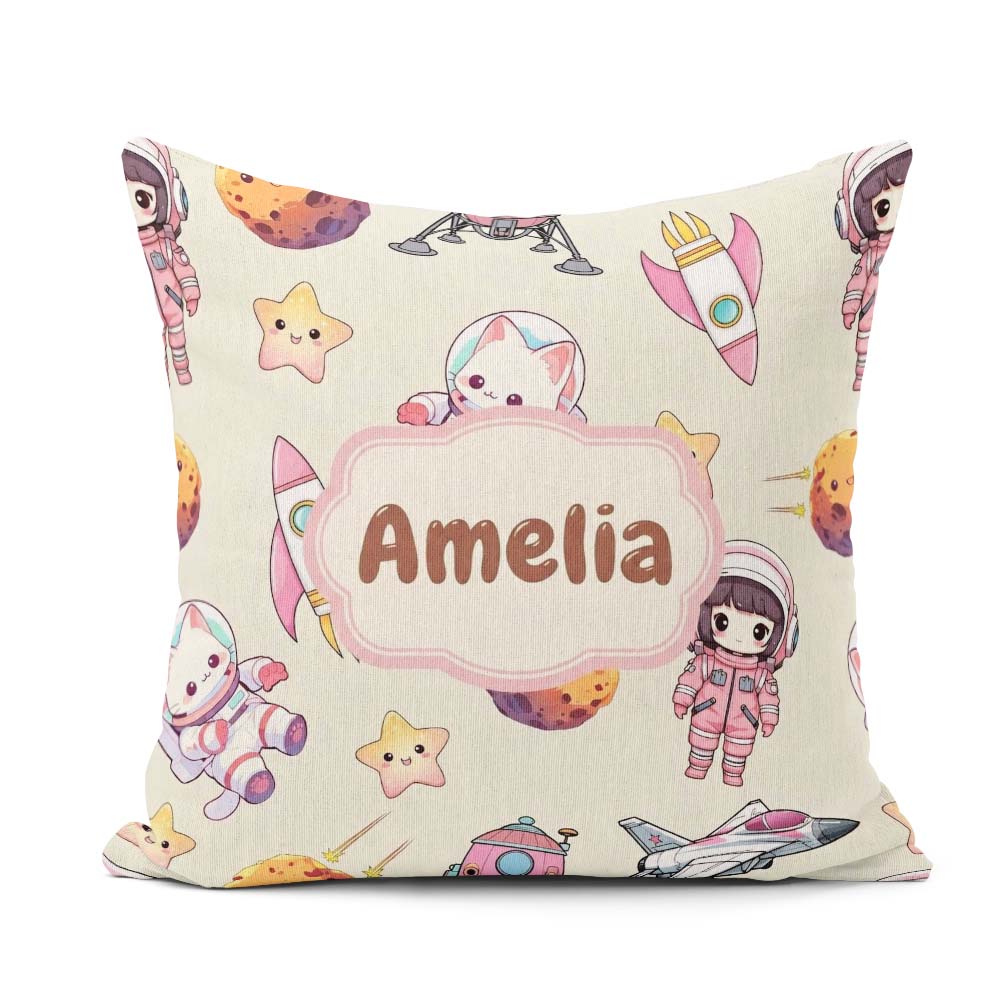 Custom Name Cat Astronaut Girl Rockets Stars Seamless Background Square Filled Cushion Throw Pillow Sofa Bed Home Decor Zip Washable UK Made