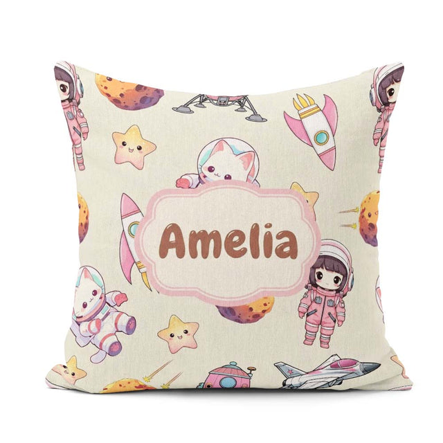 Custom Name Cat Astronaut Girl Rockets Stars Seamless Background Square Filled Cushion Throw Pillow Sofa Bed Home Decor Zip Washable UK Made