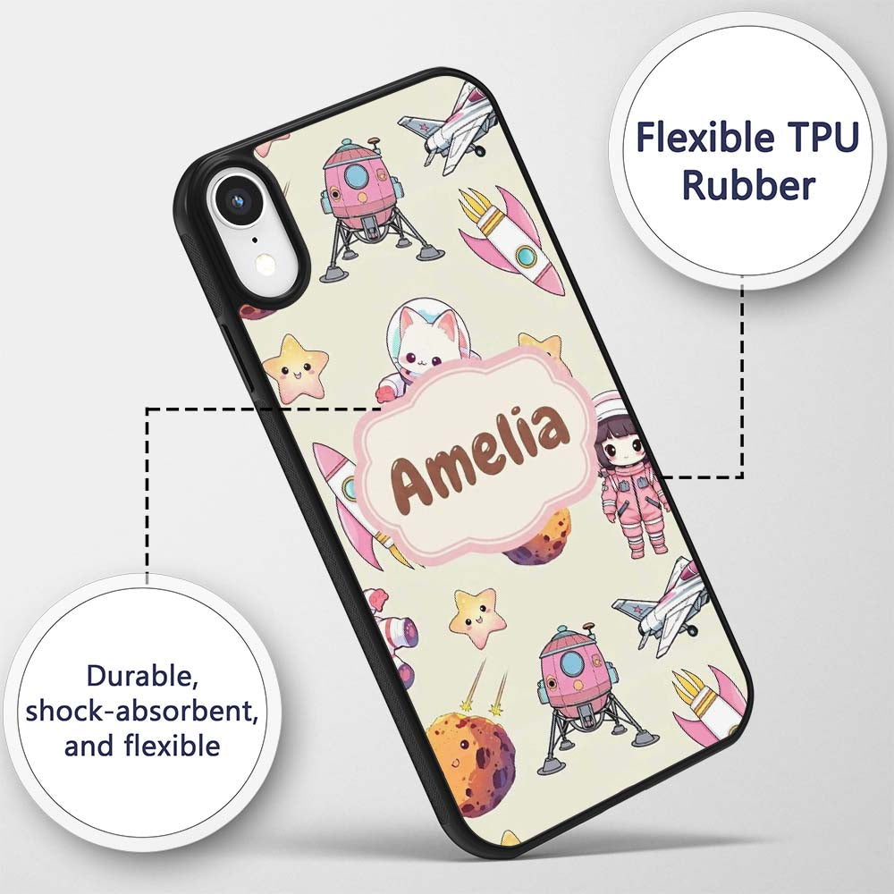 Cat Astronaut Girl Rockets Stars Space Seamless Custom Name Protective Phone Case Mobile Cover Durable Everyday Smartphone Shock Resistant