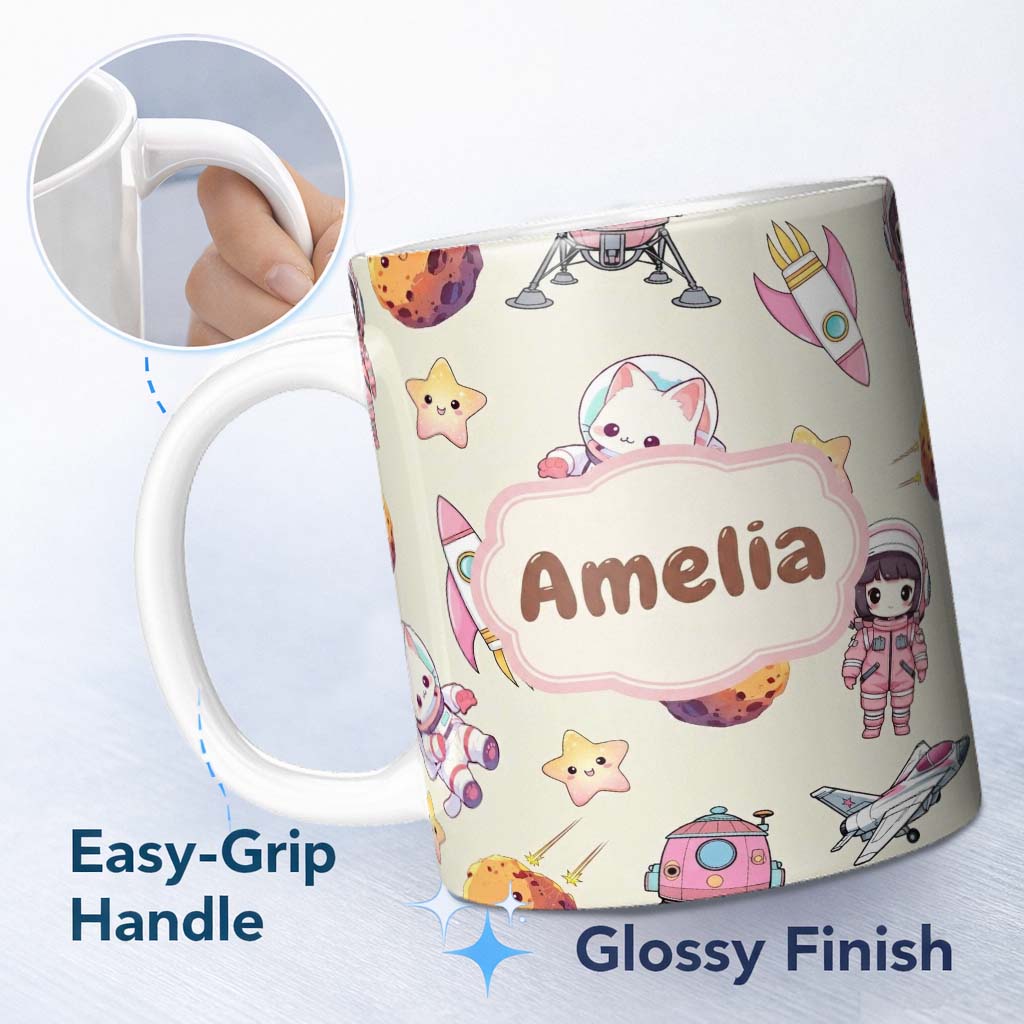 Personalized Custom Name Cat Astronaut Girl Rockets Stars Space Seamless Cream Background 11oz Ceramic Coffee Tea Mug White Large Handle