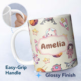 Personalized Custom Name Cat Astronaut Girl Rockets Stars Space Seamless Cream Background 11oz Ceramic Coffee Tea Mug White Large Handle