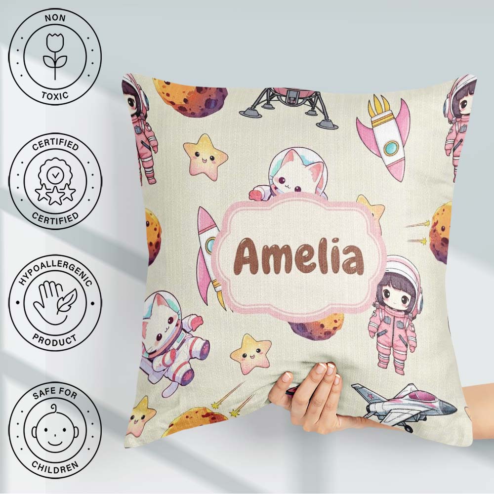 Custom Name Cat Astronaut Girl Rockets Stars Seamless Background Square Filled Cushion Throw Pillow Sofa Bed Home Decor Zip Washable UK Made