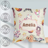 Custom Name Cat Astronaut Girl Rockets Stars Seamless Background Square Filled Cushion Throw Pillow Sofa Bed Home Decor Zip Washable UK Made