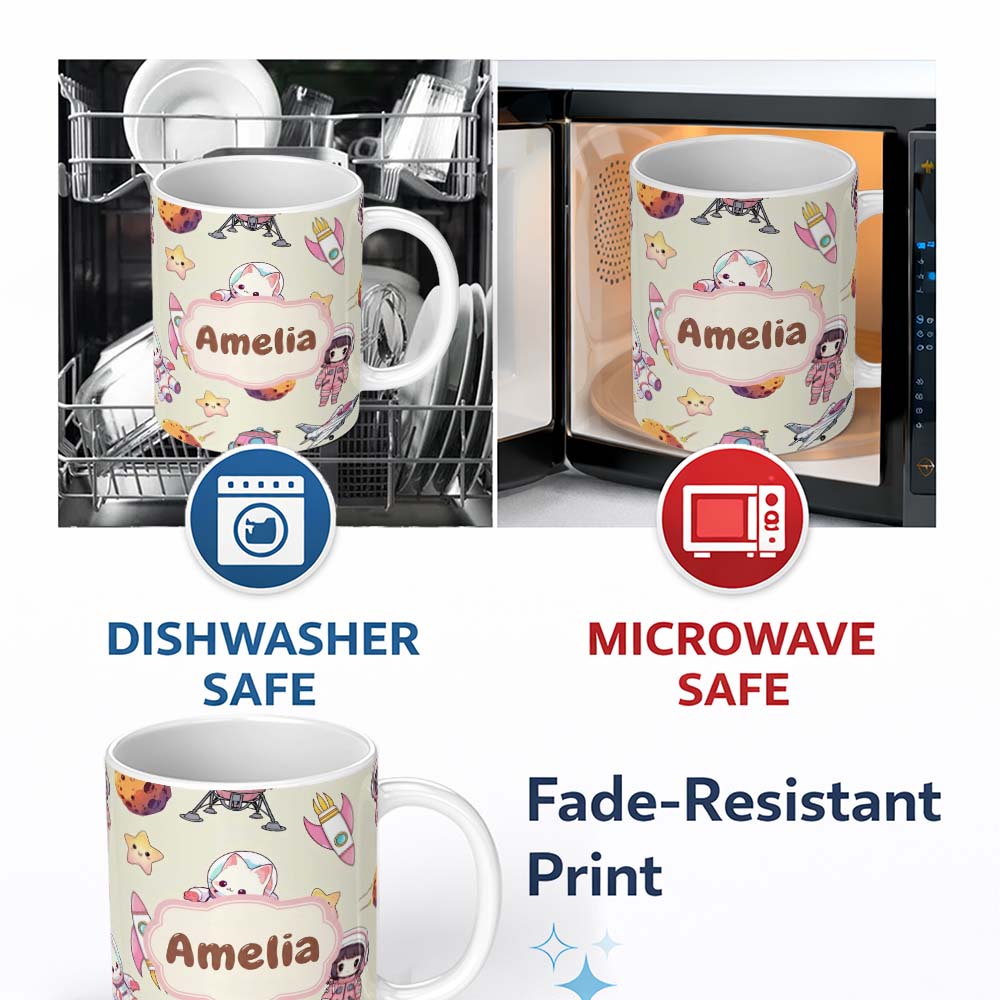 Personalized Custom Name Cat Astronaut Girl Rockets Stars Space Seamless Cream Background 11oz Ceramic Coffee Tea Mug White Large Handle