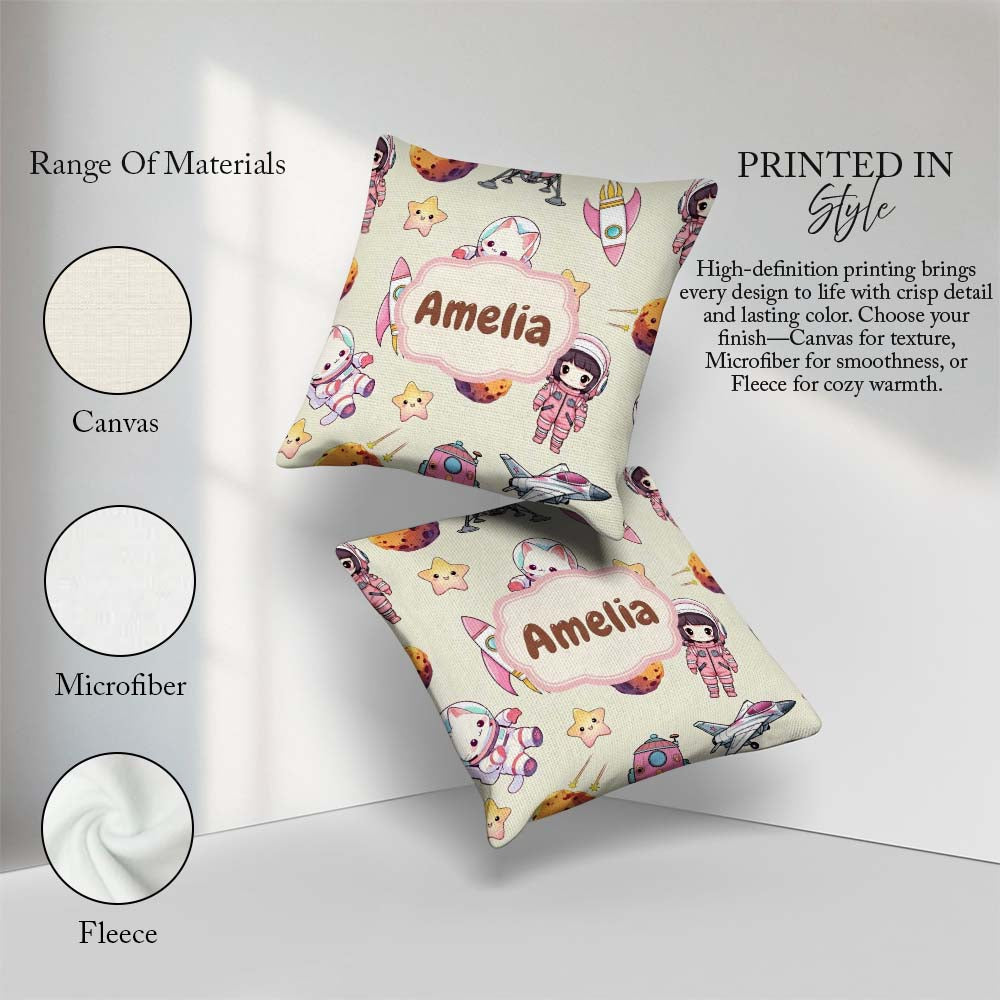 Custom Name Cat Astronaut Girl Rockets Stars Seamless Background Square Filled Cushion Throw Pillow Sofa Bed Home Decor Zip Washable UK Made