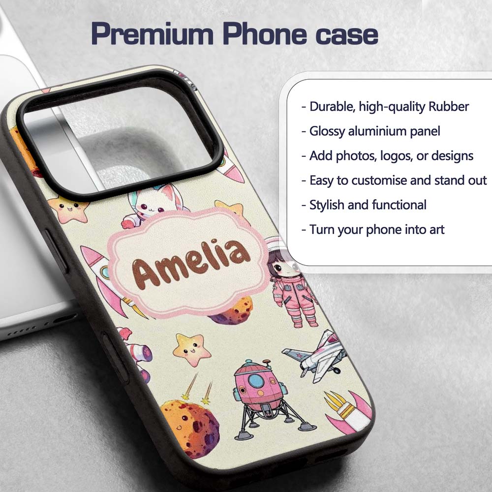 Cat Astronaut Girl Rockets Stars Space Seamless Custom Name Protective Phone Case Mobile Cover Durable Everyday Smartphone Shock Resistant