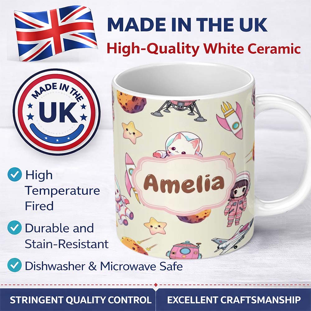 Personalized Custom Name Cat Astronaut Girl Rockets Stars Space Seamless Cream Background 11oz Ceramic Coffee Tea Mug White Large Handle