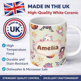Personalized Custom Name Cat Astronaut Girl Rockets Stars Space Seamless Cream Background 11oz Ceramic Coffee Tea Mug White Large Handle