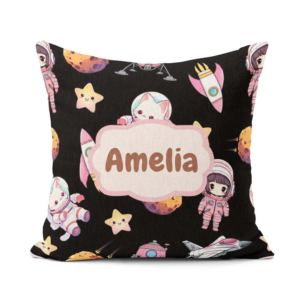 Custom Name Cat Astronaut Girl Rockets Stars Seamless Background Square Filled Cushion Throw Pillow Sofa Bed Home Decor Zip Washable UK Made