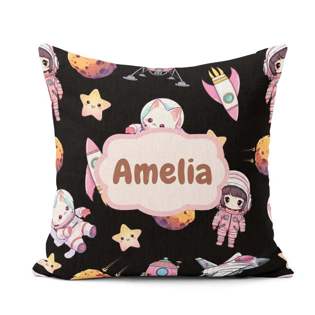 Custom Name Cat Astronaut Girl Rockets Stars Seamless Background Square Filled Cushion Throw Pillow Sofa Bed Home Decor Zip Washable UK Made
