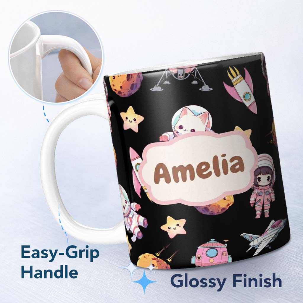 Personalized Custom Name Cat Astronaut Girl Rockets Stars Space Seamless Black Background 11oz Ceramic Coffee Tea Mug White Large Handle