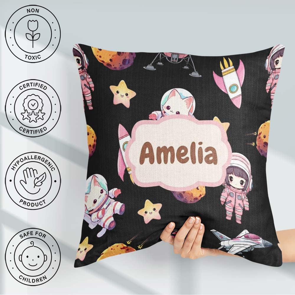 Custom Name Cat Astronaut Girl Rockets Stars Seamless Background Square Filled Cushion Throw Pillow Sofa Bed Home Decor Zip Washable UK Made
