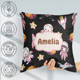 Custom Name Cat Astronaut Girl Rockets Stars Seamless Background Square Filled Cushion Throw Pillow Sofa Bed Home Decor Zip Washable UK Made