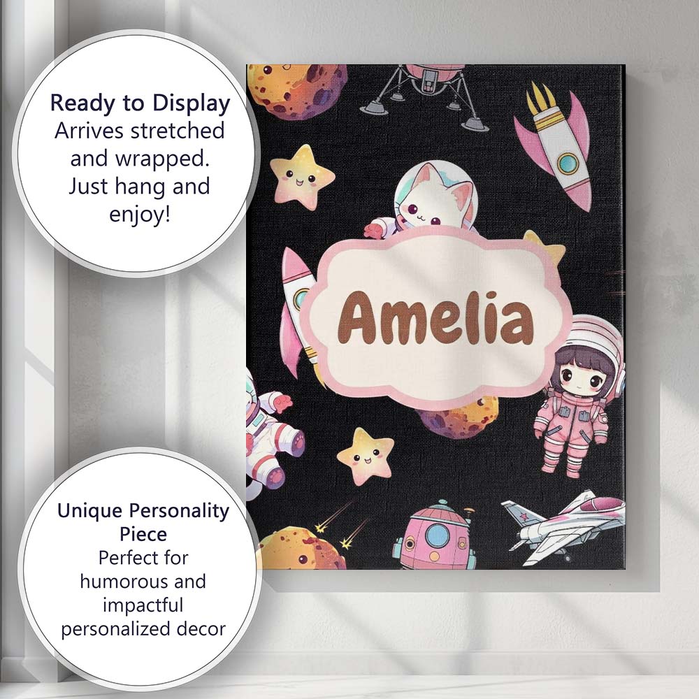 Personalised Name Cat Astronaut Girl Custom Premium Decorative Design Modern Room Accent Canvas Wall Art Print Decor Picture Ready to Hang