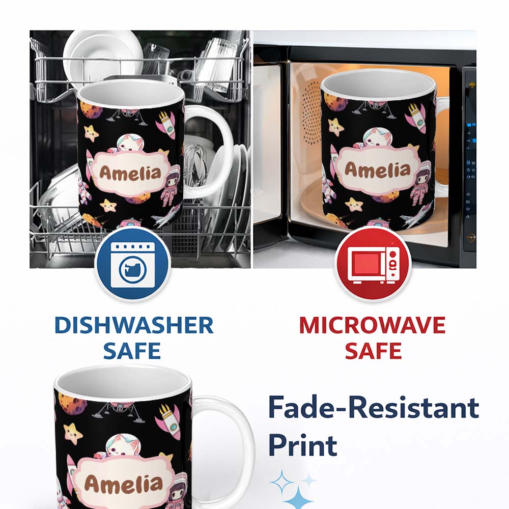 Personalized Custom Name Cat Astronaut Girl Rockets Stars Space Seamless Black Background 11oz Ceramic Coffee Tea Mug White Large Handle