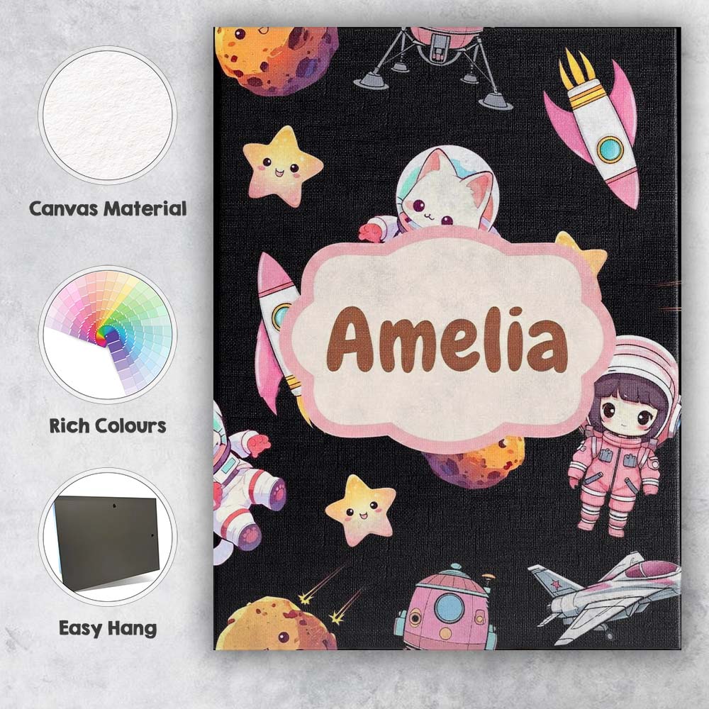 Personalised Name Cat Astronaut Girl Custom Premium Decorative Design Modern Room Accent Canvas Wall Art Print Decor Picture Ready to Hang