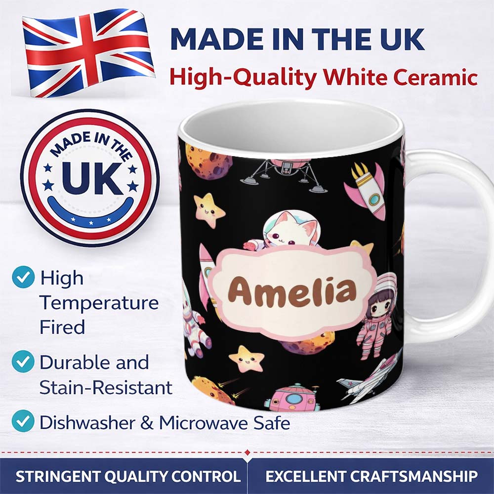 Personalized Custom Name Cat Astronaut Girl Rockets Stars Space Seamless Black Background 11oz Ceramic Coffee Tea Mug White Large Handle