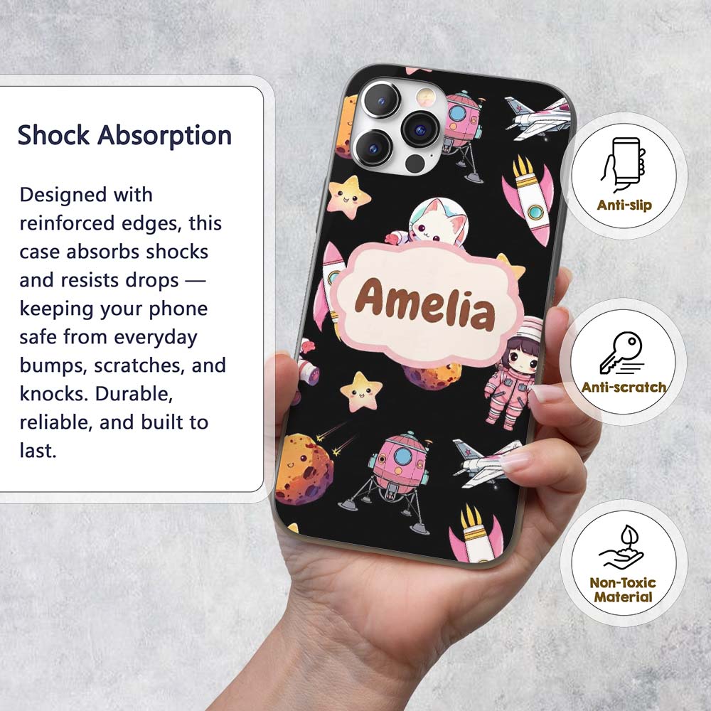 Cat Astronaut Girl Rockets Stars Space Seamless Custom Name Protective Phone Case Mobile Cover Durable Everyday Smartphone Shock Resistant