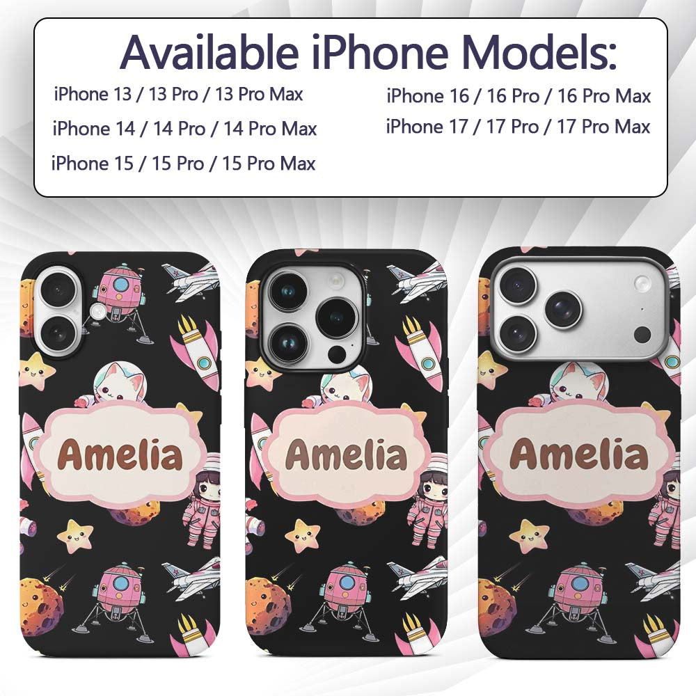 Cat Astronaut Girl Rockets Stars Space Seamless Custom Name Protective Phone Case Mobile Cover Durable Everyday Smartphone Shock Resistant