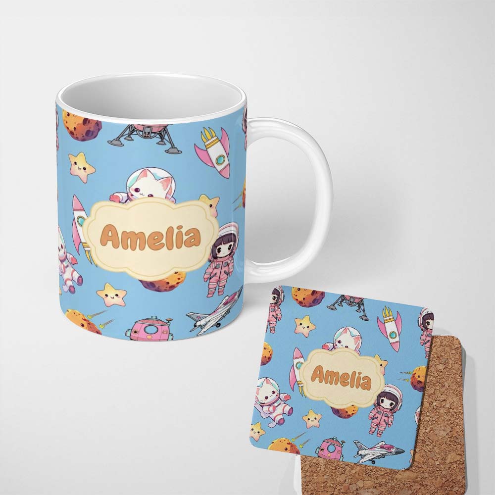 Personalized Custom Name Cat Astronaut Girl Rockets Stars Space Seamless Blue Background 11oz Ceramic Coffee Tea Mug White Large Handle