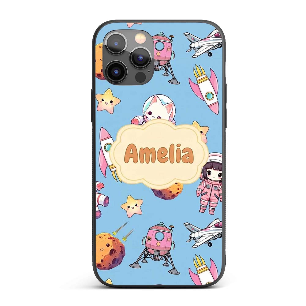 Cat Astronaut Girl Rockets Stars Space Seamless Custom Name Protective Phone Case Mobile Cover Durable Everyday Smartphone Shock Resistant