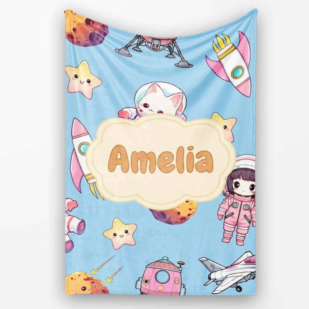 Cat Astronaut Girl Rockets Stars Space Seamless Blue Background  Personalised Custom Name Super Soft Fleece Blanket Bed Sofa Throw