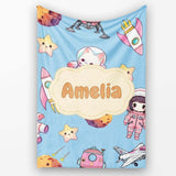 Cat Astronaut Girl Rockets Stars Space Seamless Blue Background  Personalised Custom Name Super Soft Fleece Blanket Bed Sofa Throw