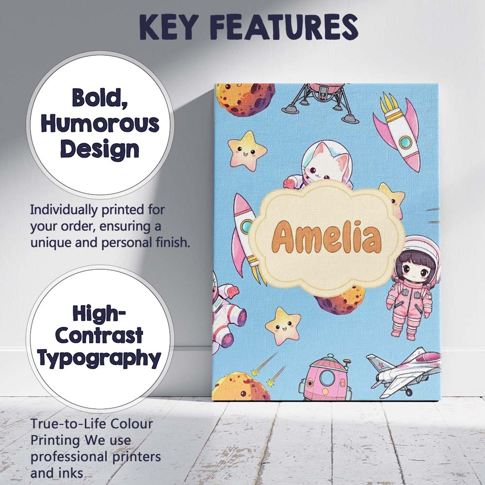 Personalised Name Cat Astronaut Girl Custom Premium Decorative Design Modern Room Accent Canvas Wall Art Print Decor Picture Ready to Hang