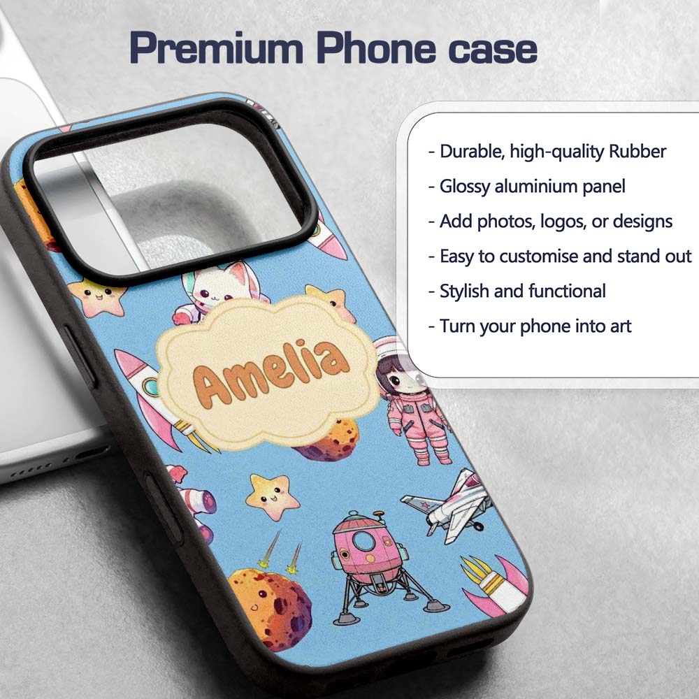Cat Astronaut Girl Rockets Stars Space Seamless Custom Name Protective Phone Case Mobile Cover Durable Everyday Smartphone Shock Resistant