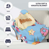 Cat Astronaut Girl Rockets Stars Space Seamless Blue Background  Personalised Custom Name Super Soft Fleece Blanket Bed Sofa Throw