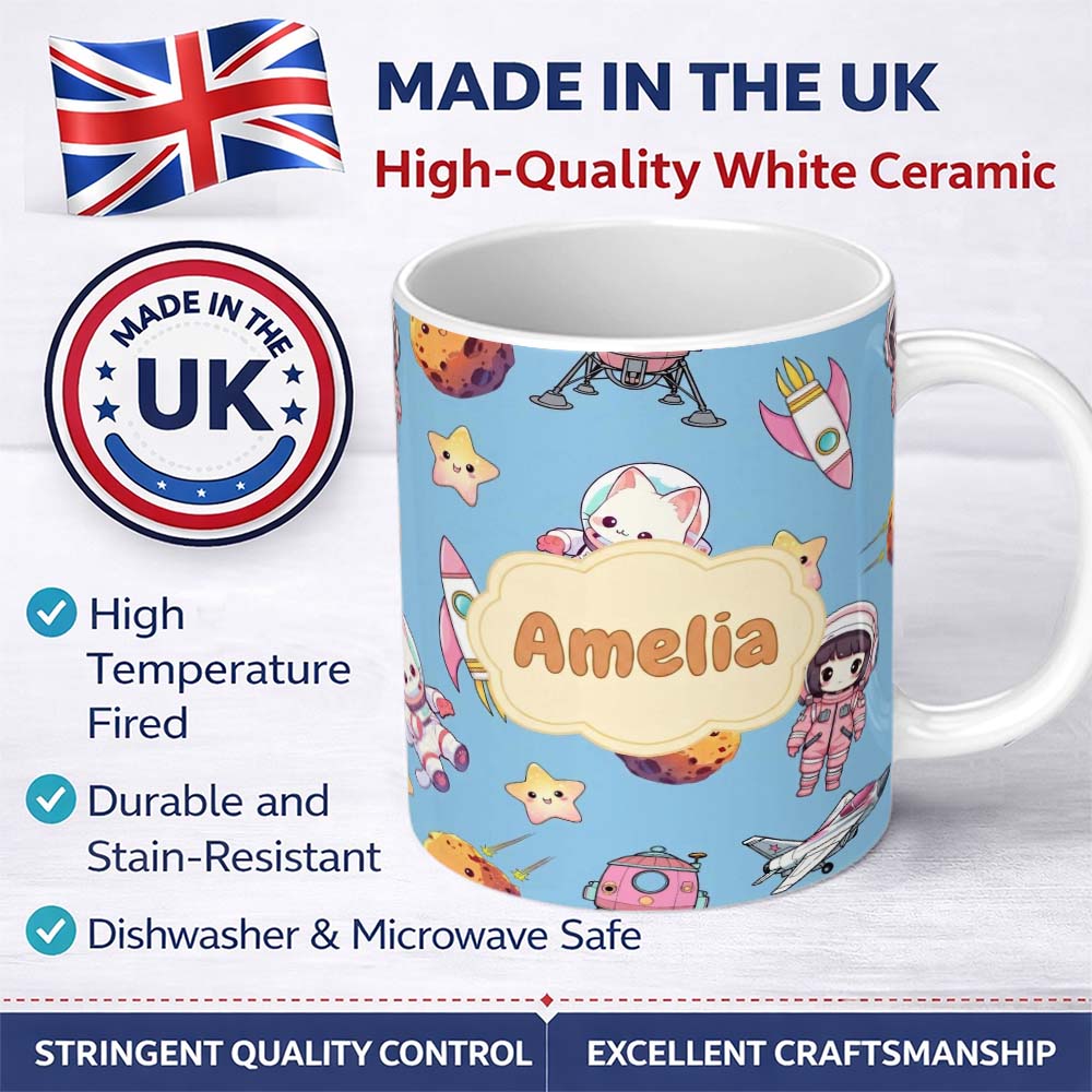 Personalized Custom Name Cat Astronaut Girl Rockets Stars Space Seamless Blue Background 11oz Ceramic Coffee Tea Mug White Large Handle