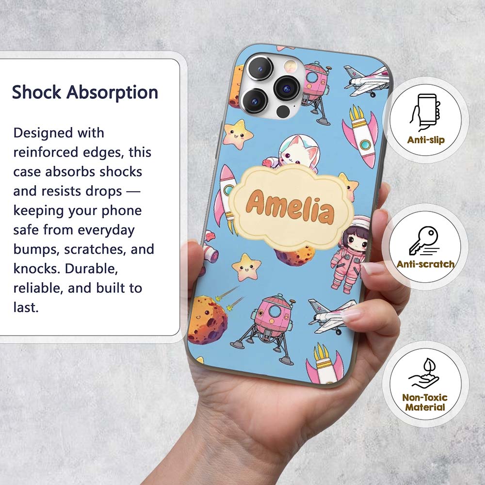 Cat Astronaut Girl Rockets Stars Space Seamless Custom Name Protective Phone Case Mobile Cover Durable Everyday Smartphone Shock Resistant
