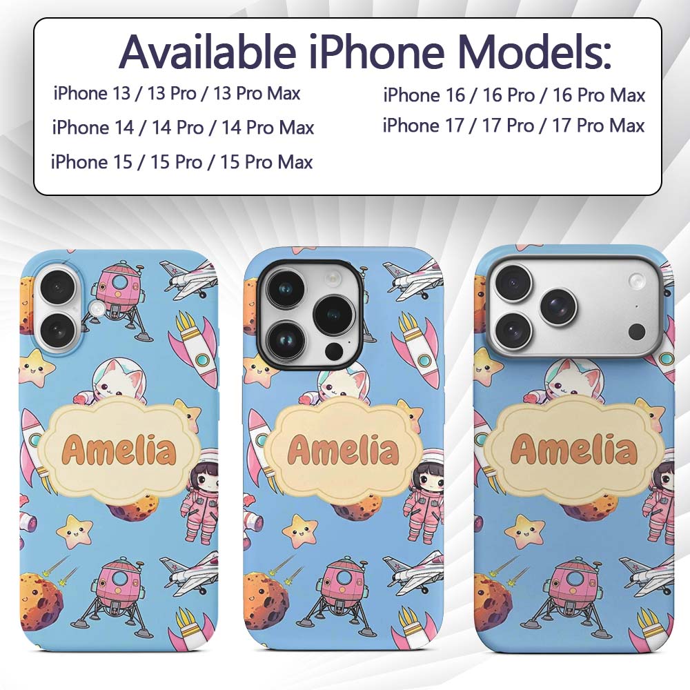 Cat Astronaut Girl Rockets Stars Space Seamless Custom Name Protective Phone Case Mobile Cover Durable Everyday Smartphone Shock Resistant