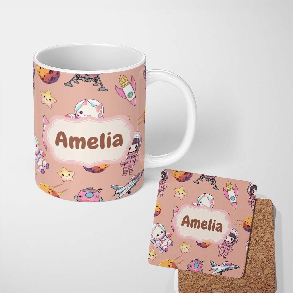 Personalized Custom Name Cat Astronaut Girl Rockets Stars Space Seamless Peach Background 11oz Ceramic Coffee Tea Mug White Large Handle