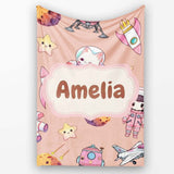 Cat Astronaut Girl Rockets Stars Space Seamless Peach Background  Personalised Custom Name Super Soft Fleece Blanket Bed Sofa Throw
