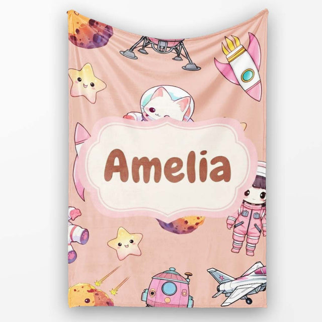 Cat Astronaut Girl Rockets Stars Space Seamless Peach Background  Personalised Custom Name Super Soft Fleece Blanket Bed Sofa Throw