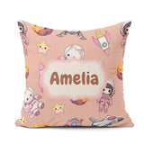 Custom Name Cat Astronaut Girl Rockets Stars Seamless Background Square Filled Cushion Throw Pillow Sofa Bed Home Decor Zip Washable UK Made