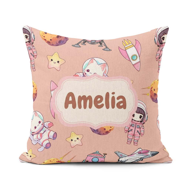 Custom Name Cat Astronaut Girl Rockets Stars Seamless Background Square Filled Cushion Throw Pillow Sofa Bed Home Decor Zip Washable UK Made