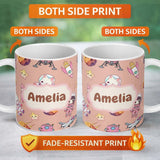 Personalized Custom Name Cat Astronaut Girl Rockets Stars Space Seamless Peach Background 11oz Ceramic Coffee Tea Mug White Large Handle